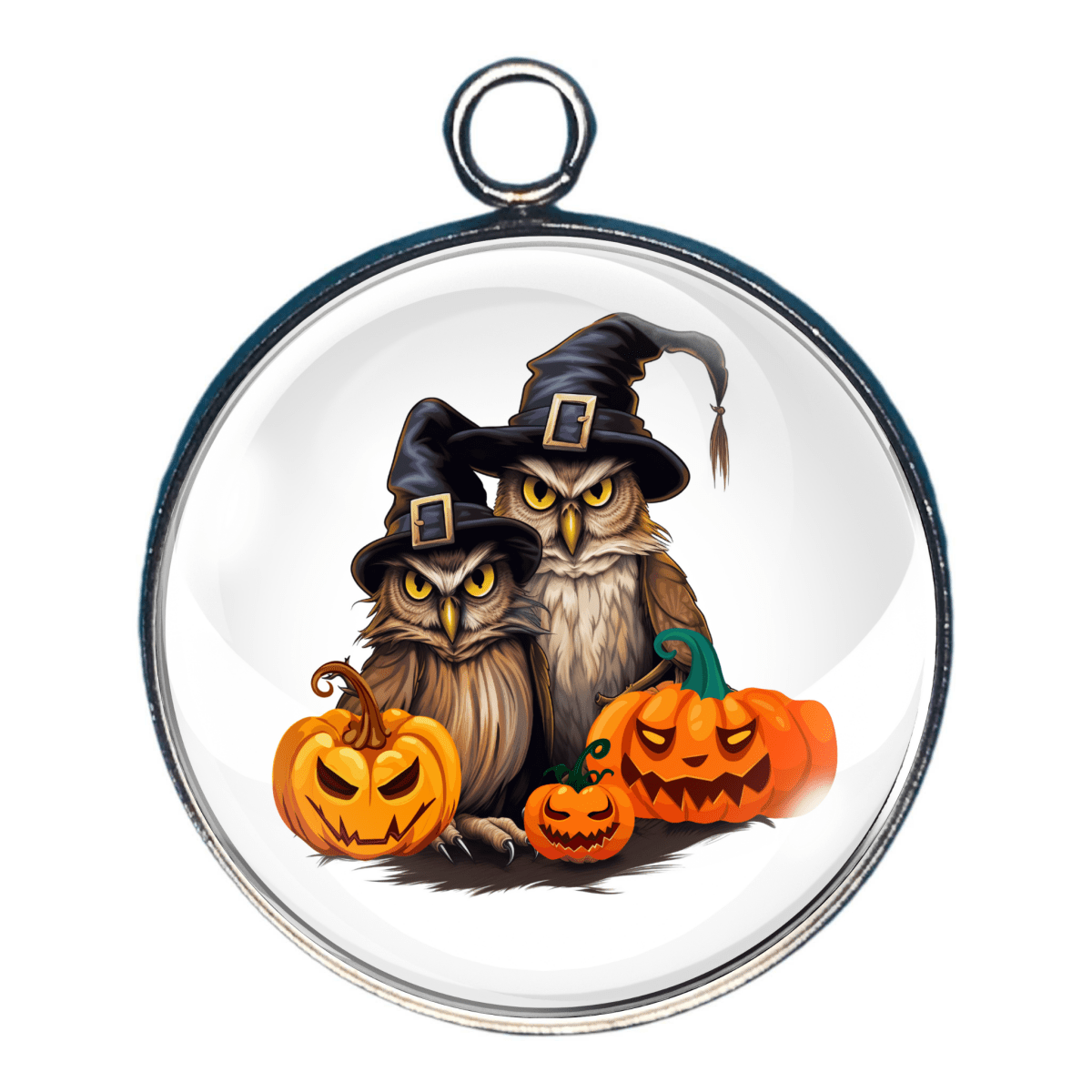 Halloween charm with owls in witch hats and pumpkins