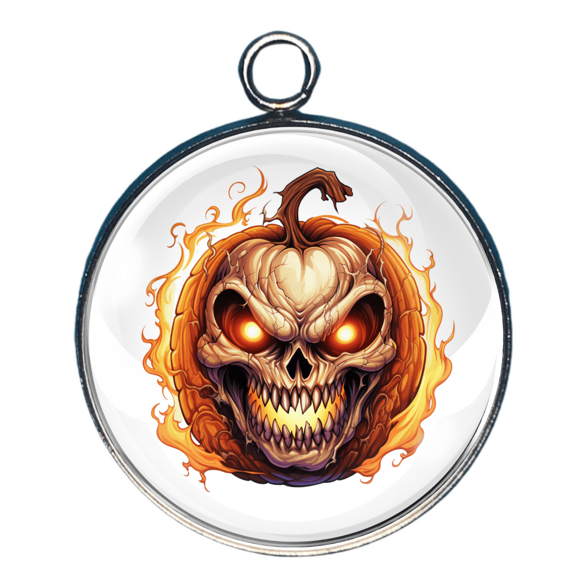 Halloween charm with flaming-eyed jack-o'-lantern
