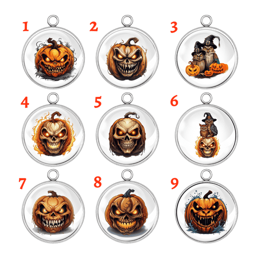 Set of 9 round Halloween pumpkin charms featuring spooky jack-o'-lantern faces and haunted designs