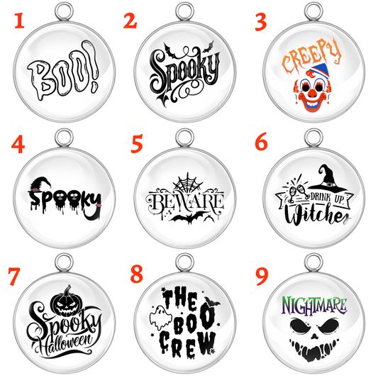 Set of 9 Creepy Spooky Nightmare Halloween glass cabochon charms with ghost, witch, pumpkin, skull and clown designs for jewelry making and crafts