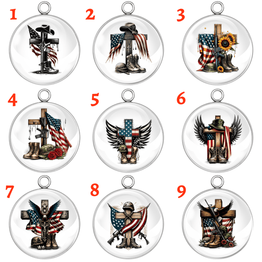Set of 9 American patriotic cross and flag memorial glass cabochon charms with boots, helmets, wings, and sunflowers