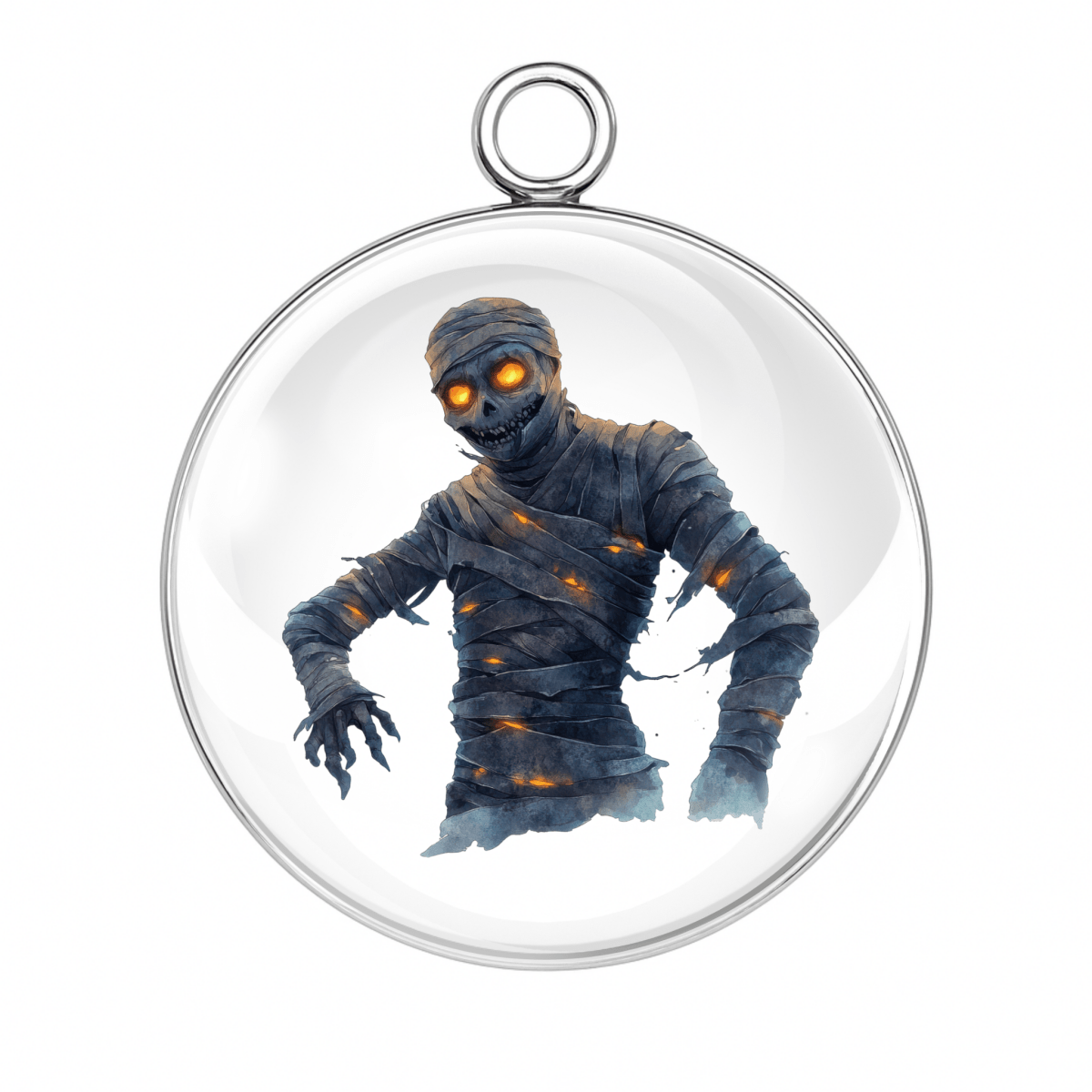 Burned bandage mummy charm with ember-like glowing eyes