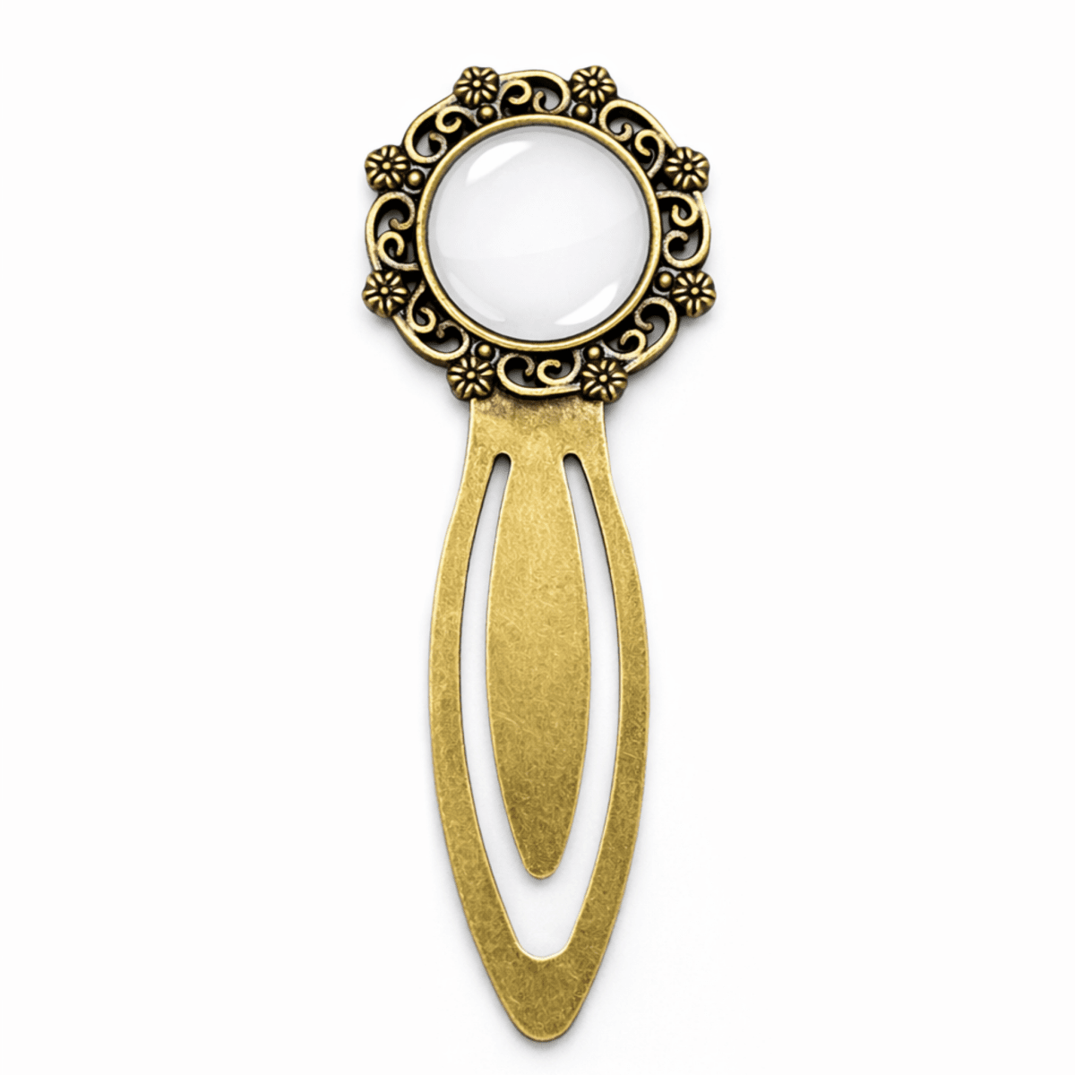 Decorative gold bookmark with intricate design on a white background