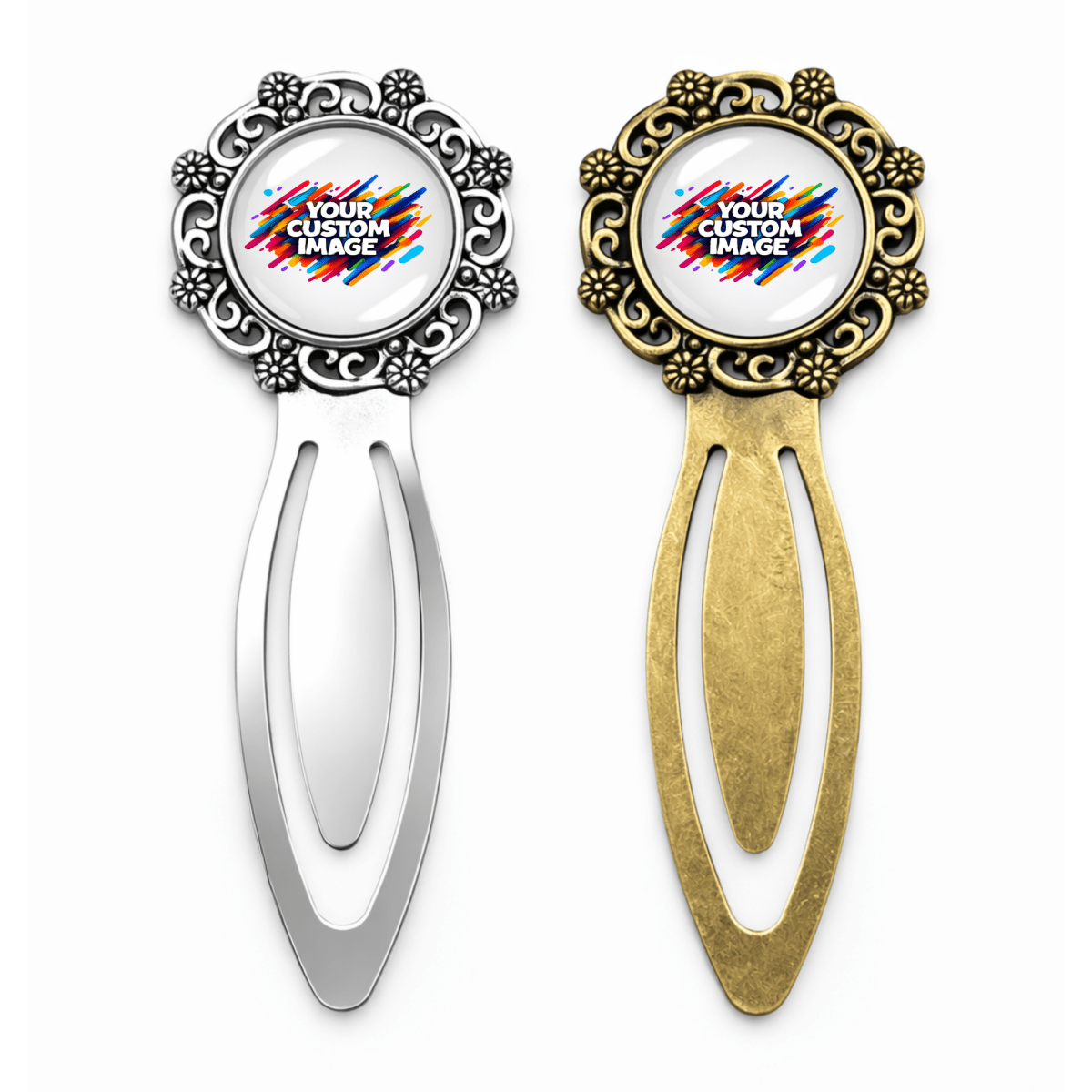 Two decorative book markers, one silver and one gold, with customizable images on a white background.