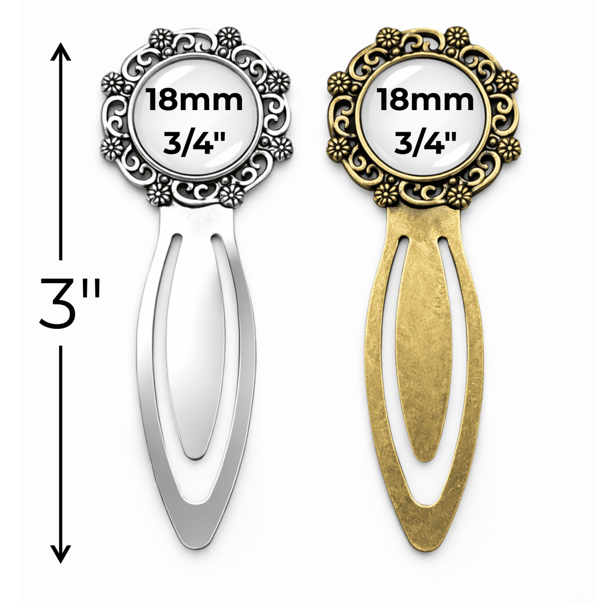 Two metal hair clips, one silver and one gold, with measurements displayed.