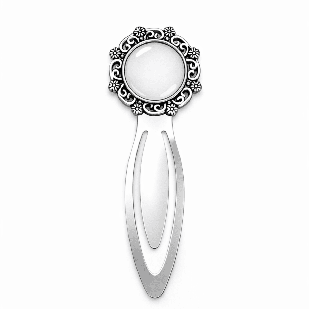Silver hair clip with decorative top on a white background