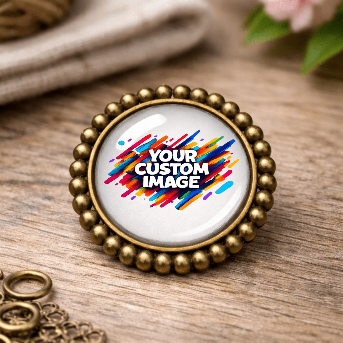 Custom Image Antique Bronze Brooch Pin – 25mm Glass Cabochon | Design Studio