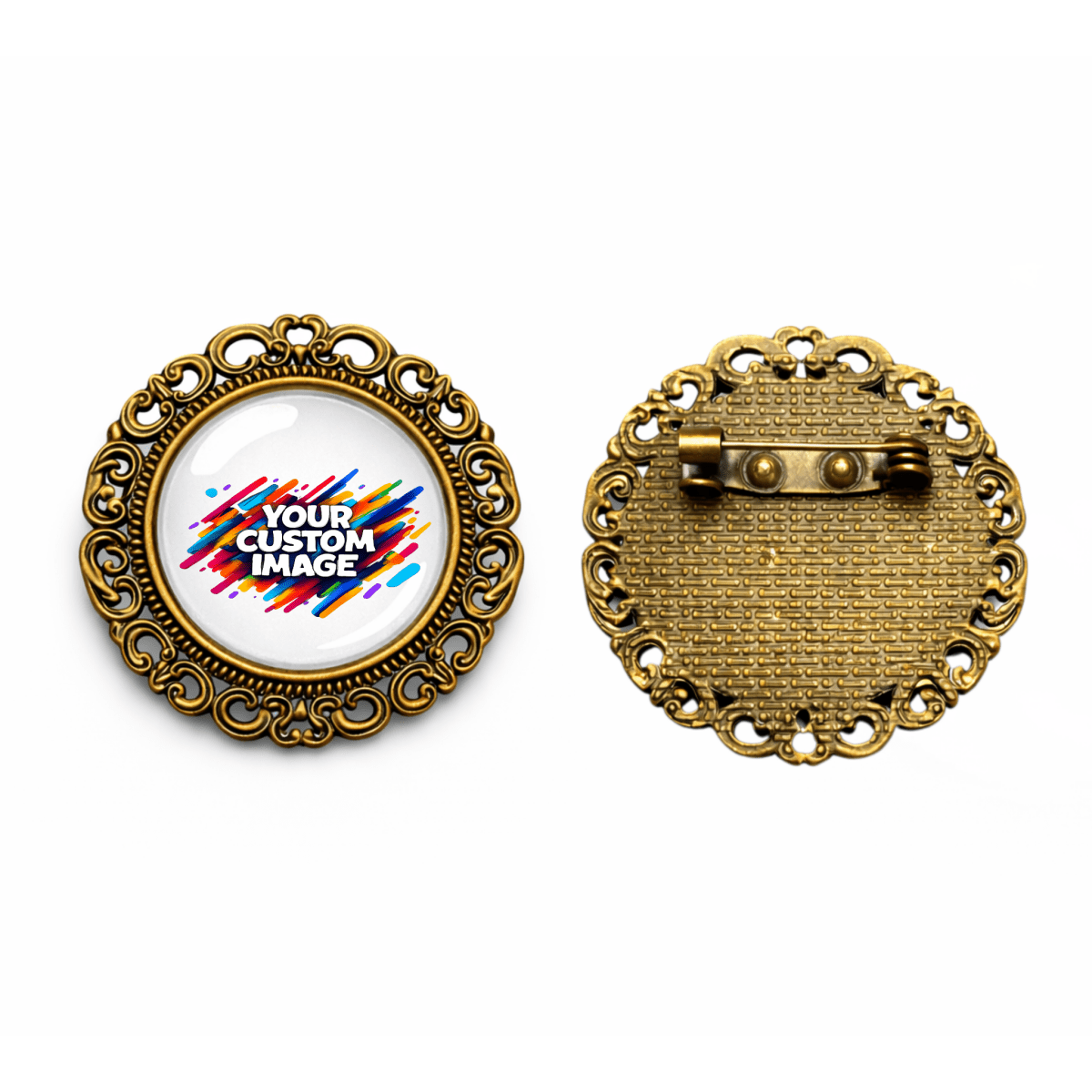 Gold-framed brooch with customizable image area on a white background