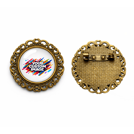 Gold-framed brooch with customizable image area on a white background