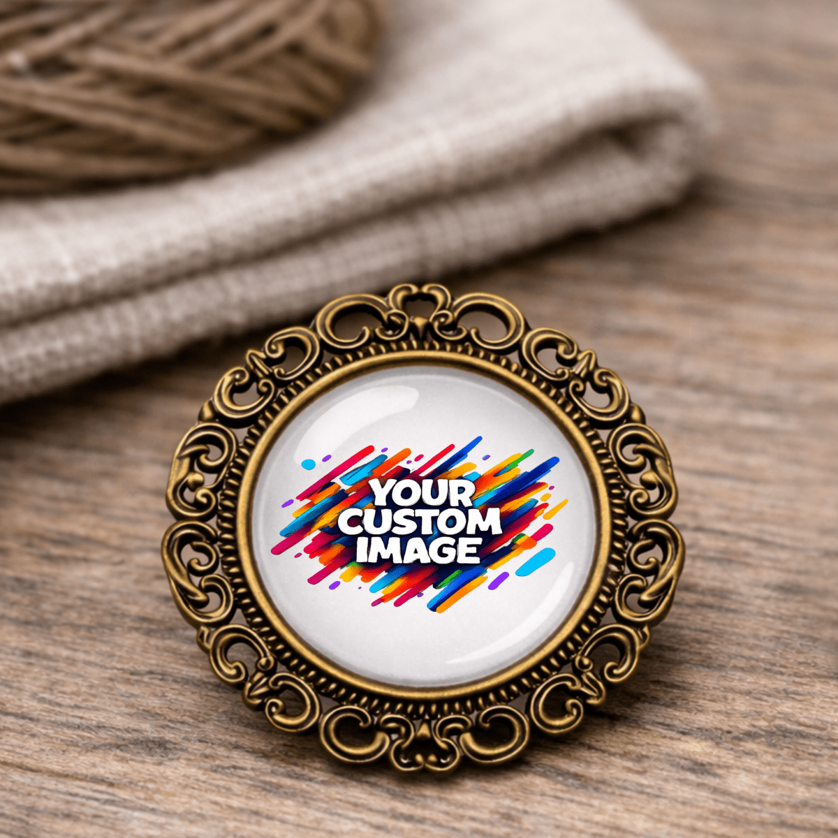 Decorative round frame with customizable image text on a wooden surface