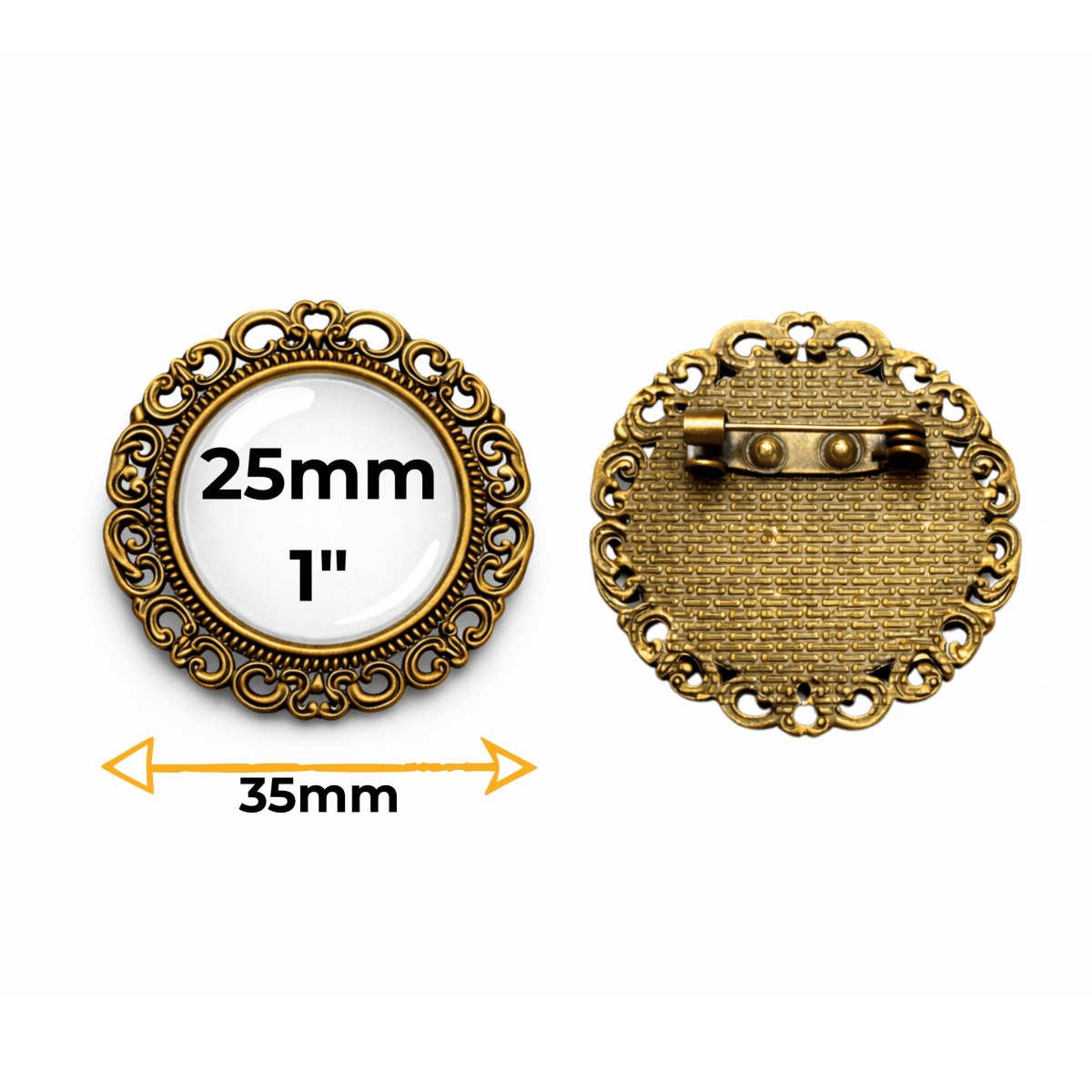 Gold circular brooch with measurement details on a white background