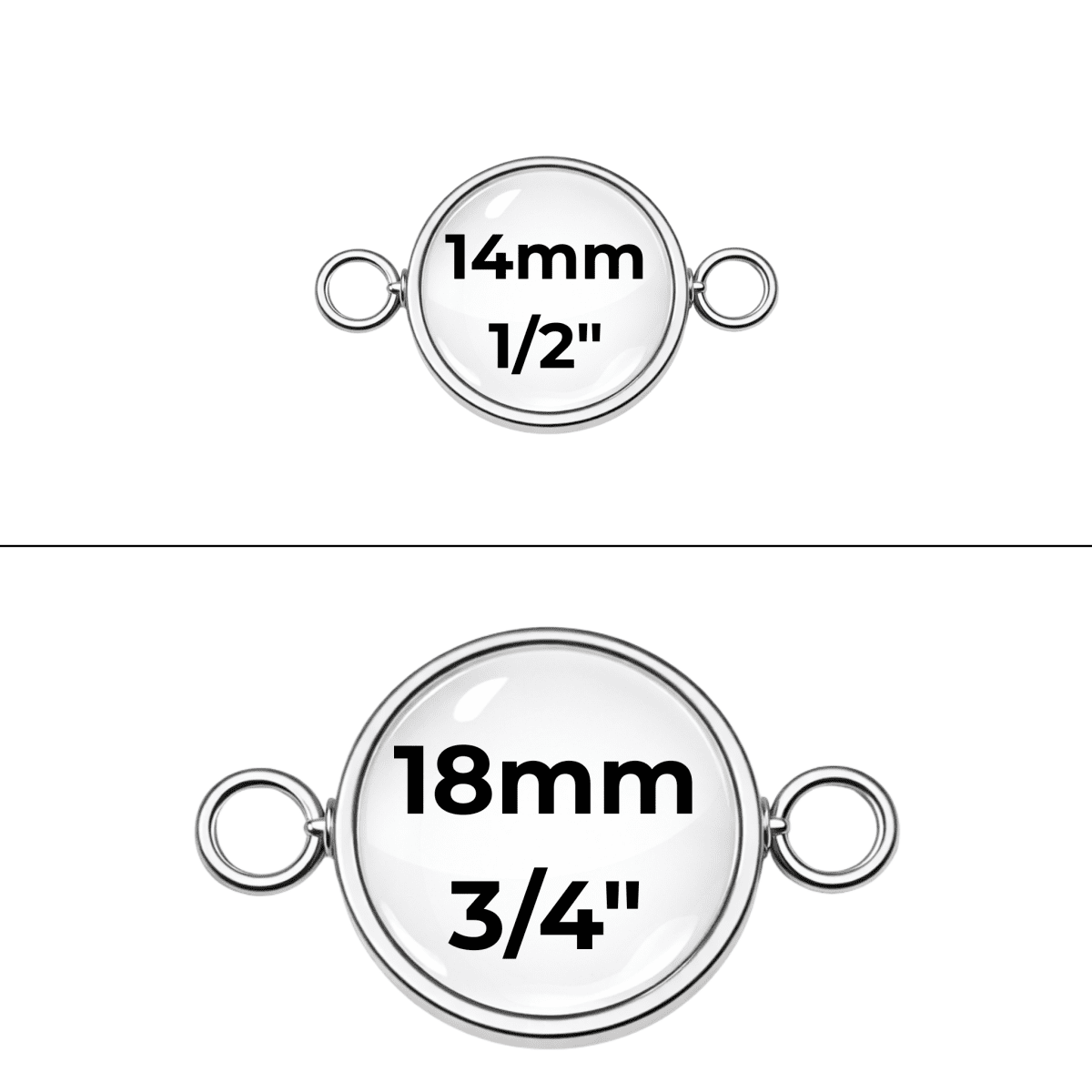Two silver jewelry connectors with measurements on a white background