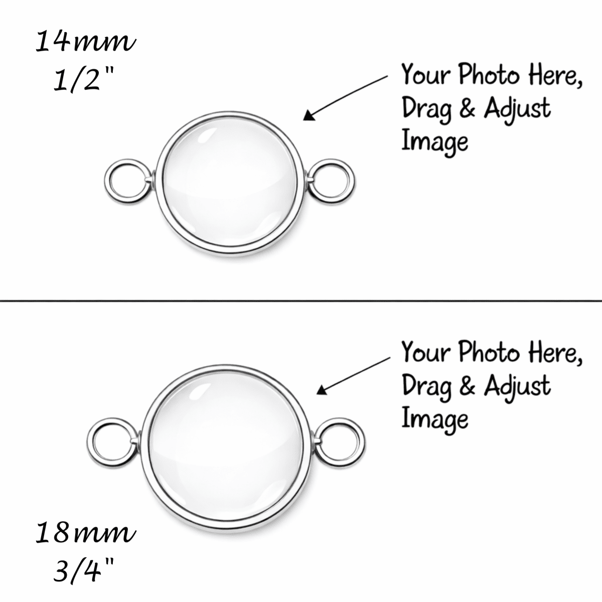 Two silver jewelry bezels with measurements and photo placeholders on a white background