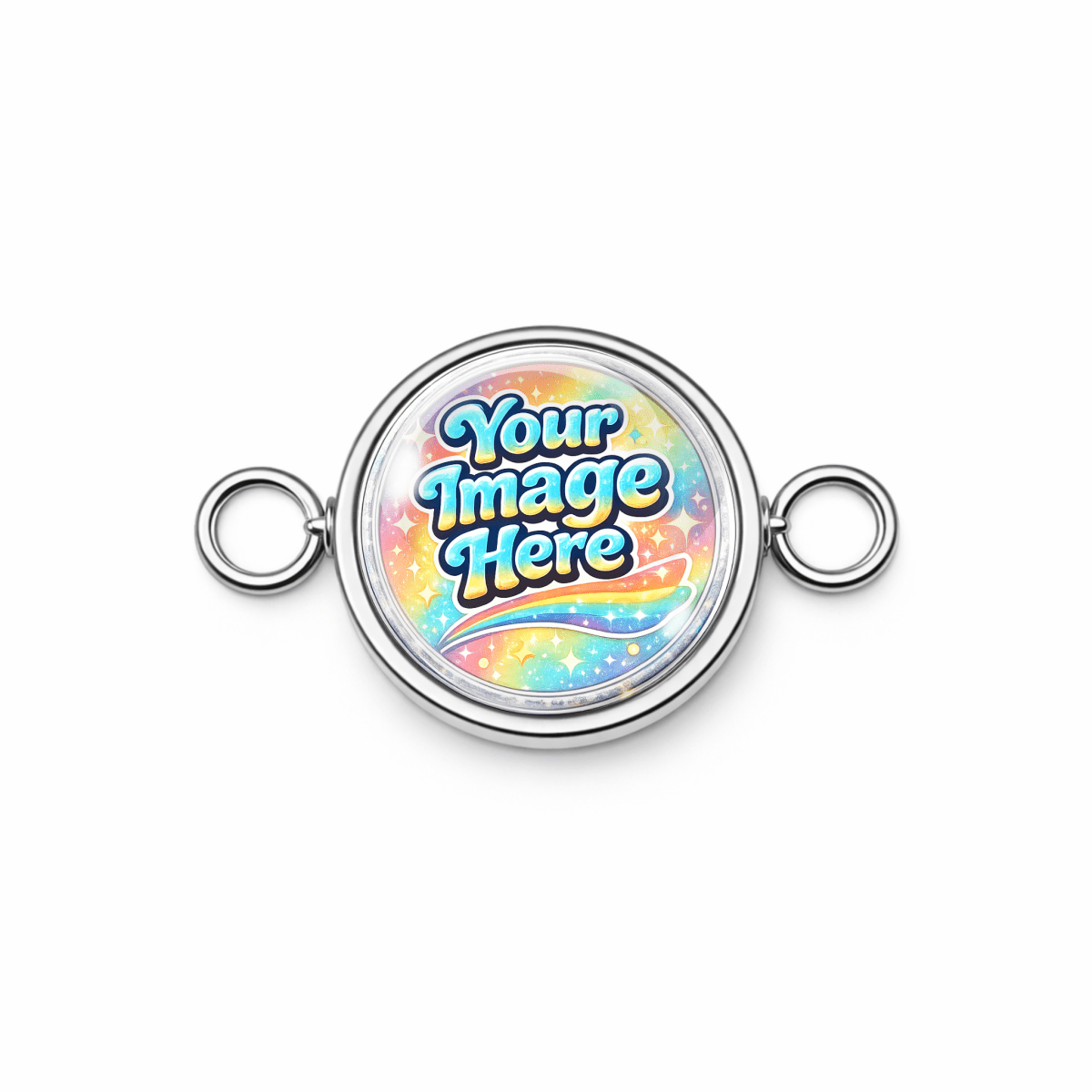 Circular metal charm with 'Your Image Here' text on a white background