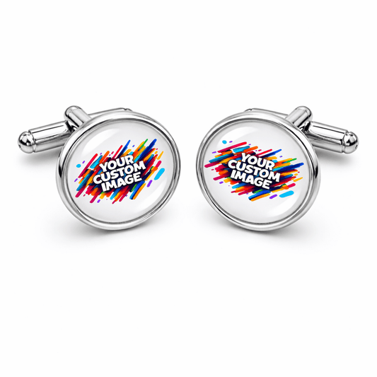 Custom Image Cufflinks – Personalized Photo or Logo Cufflinks | 18mm Glass Cabochon | Silver Finish