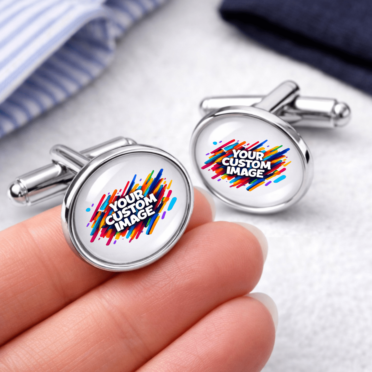 Custom Image Cufflinks – Personalized Photo or Logo Cufflinks | 18mm Glass Cabochon | Silver Finish