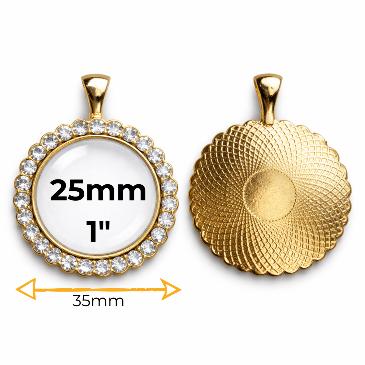 Gold pendant with circular design and text indicating size on a white background