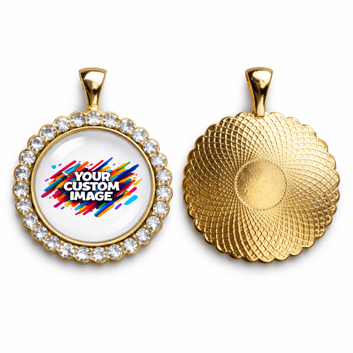 Gold pendant with customizable image area and textured gold pendant on a white background