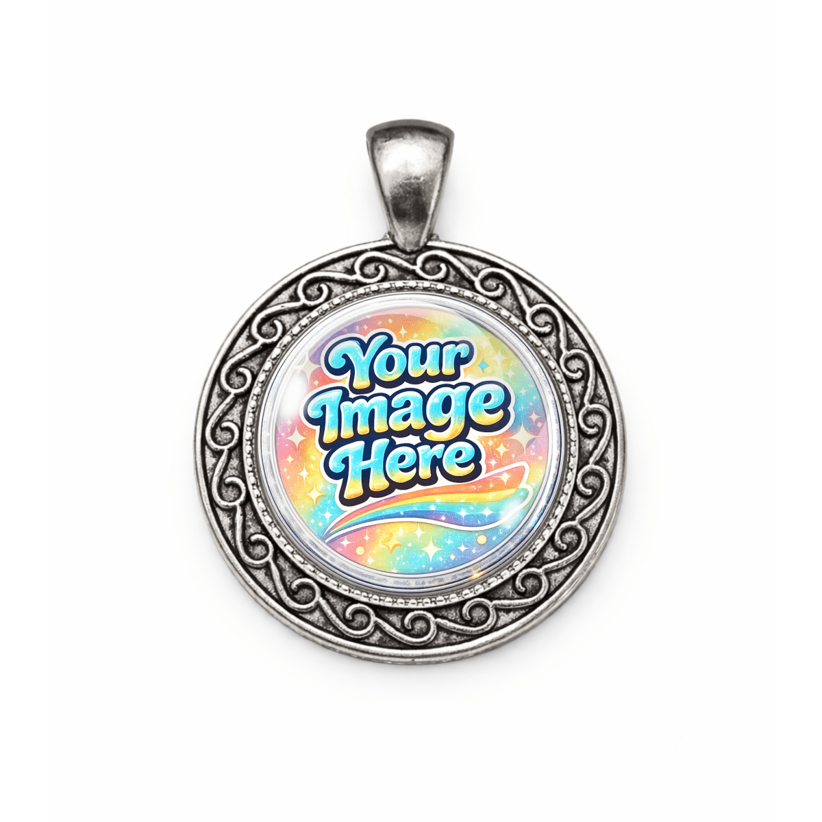 Round silver pendant with customizable image area on a white background