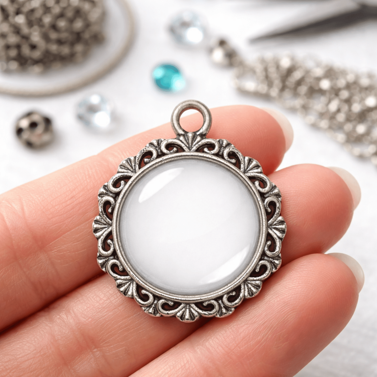 Custom Image Ornate Silver Pendant – 18mm Glass Cabochon Design Studio