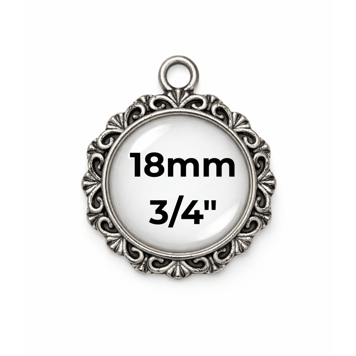 Decorative metal pendant with measurement text on a white background