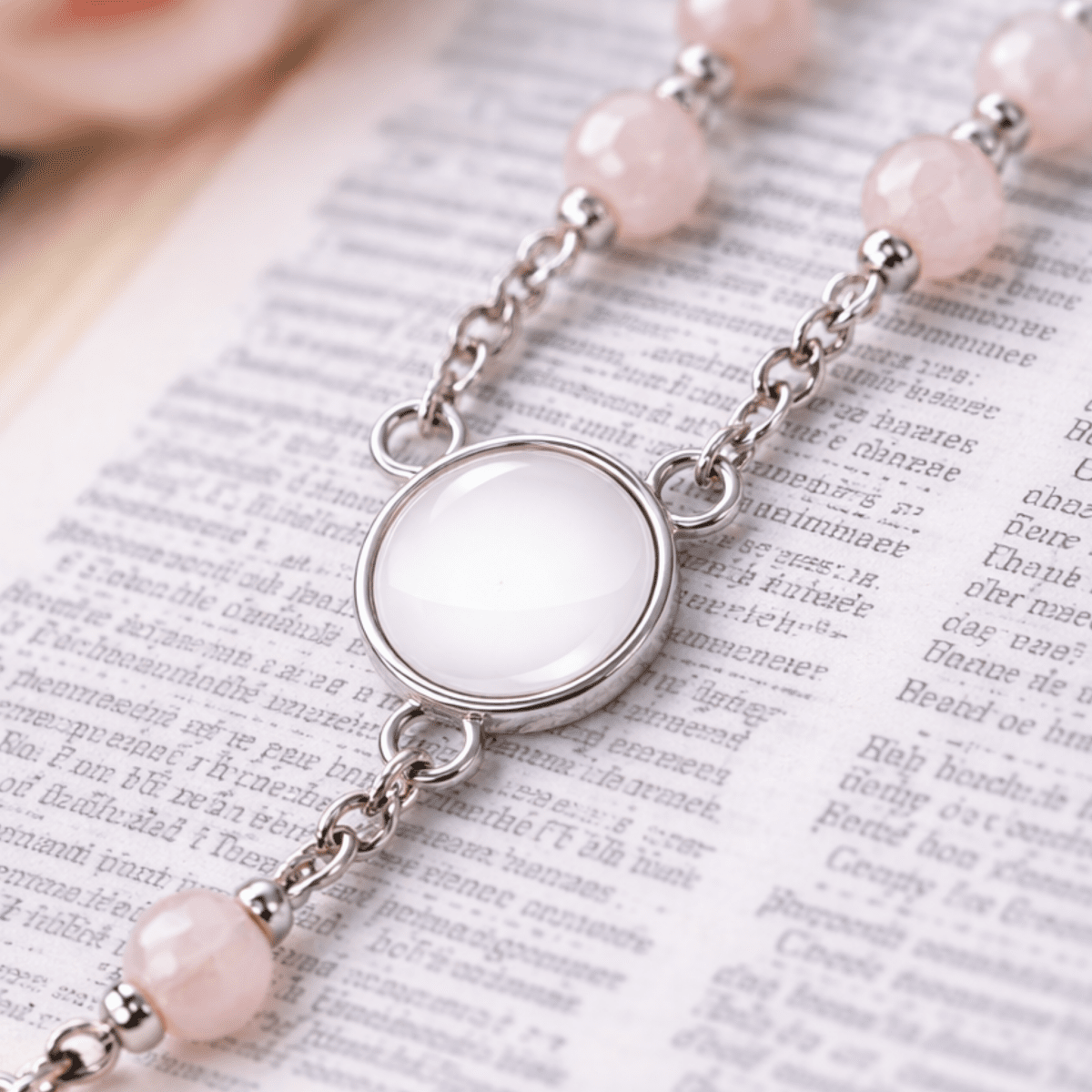 Bracelet with pink beads and a silver clasp on an open book