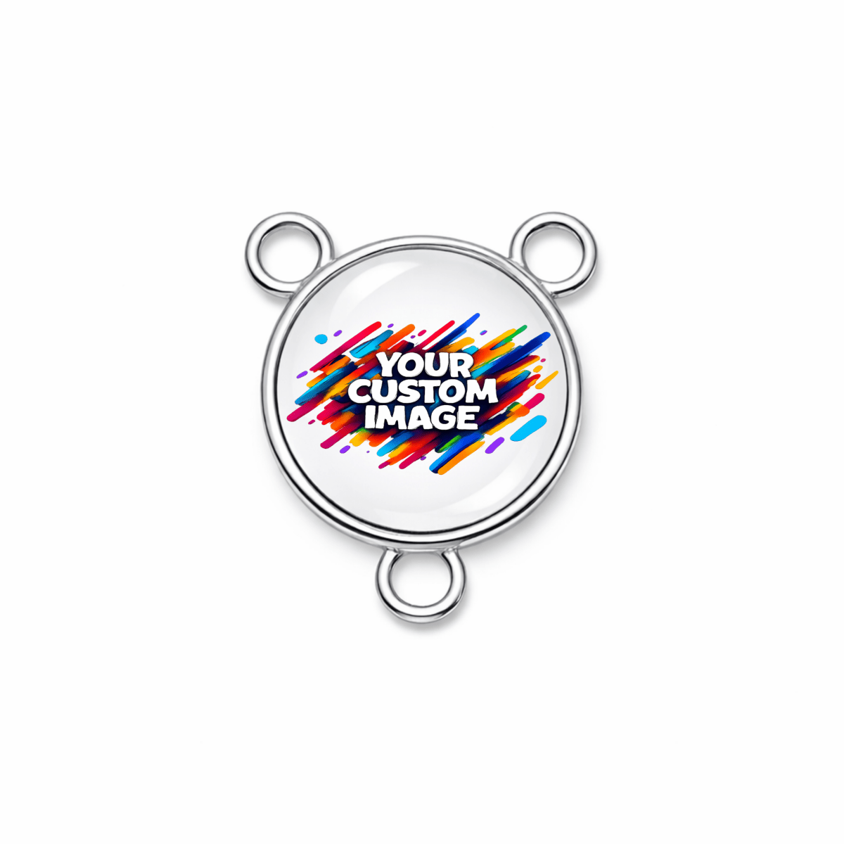 Double-sided circular metal charm with 'Your Custom Image' text and colorful design on a white background