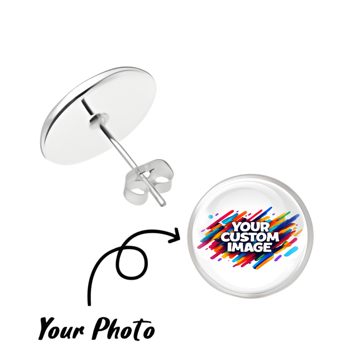 Earring with customizable photo area on a white background