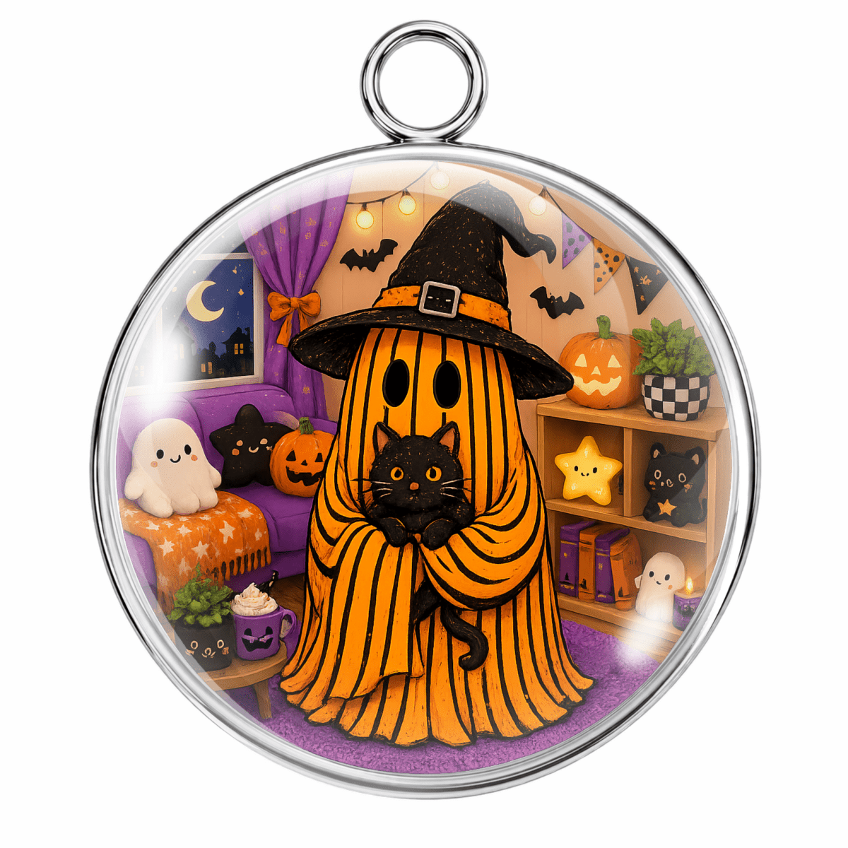 Round glass pendant featuring a whimsical Halloween scene with a ghost character in an orange-and-black striped sheet, hugging a black cat, surrounded by pumpkins, ghosts, stars, and bats inside a silver-toned circular frame.