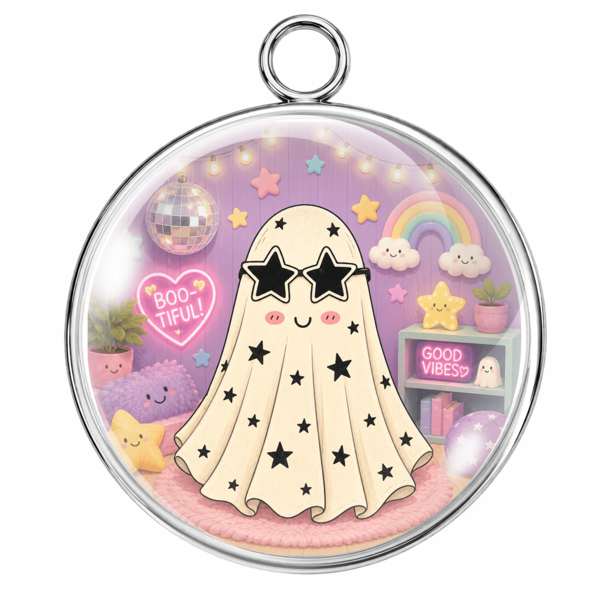 A round silver-toned pendant or charm with a clear top loop, featuring a whimsical ghost-themed illustration. The design shows a cream-colored ghost wearing black star-shaped sunglasses, set against a pastel purple room with stars, a rainbow, clouds, a disco ball, and cute decorative elements.