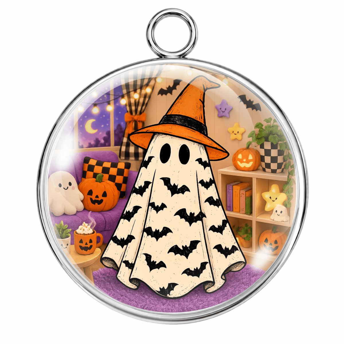 A round glass pendant with a silver metal rim and hanging loop, featuring a whimsical Halloween illustration of a ghost in an orange witch hat with black bat patterns, surrounded by pumpkins, stars, and bats in a cozy room.