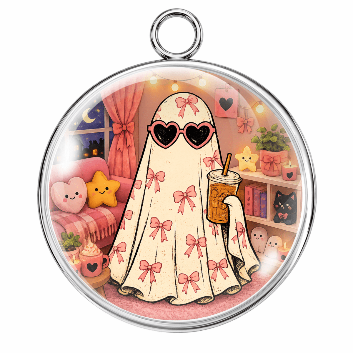 A round silver-toned pendant or charm with a clear top loop, featuring a whimsical cartoon illustration of a ghost-like figure in a pink bedroom. The figure wears heart-shaped sunglasses and a cream sheet decorated with pink bows, holding an iced coffee.
