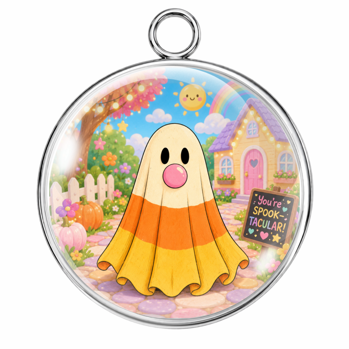 A round silver pendant with a hanging loop, featuring a colorful cartoon illustration of a ghost in a yellow, orange, and white striped Halloween costume standing in a whimsical garden with a house, rainbow, and sign that reads 'You're SPOOK TACULAR!'.