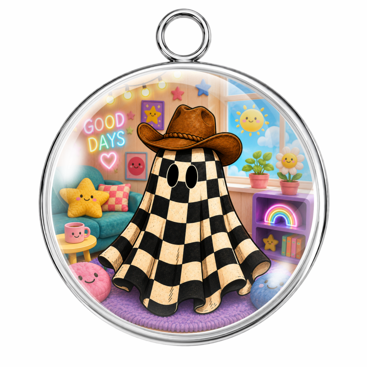 A round pendant with a silver-tone metal border and hanging loop, featuring a colorful cartoon illustration of a ghost-like figure in a black-and-beige checkered dress and brown cowboy hat inside a cozy room. The pendant is shown on a plain white background.