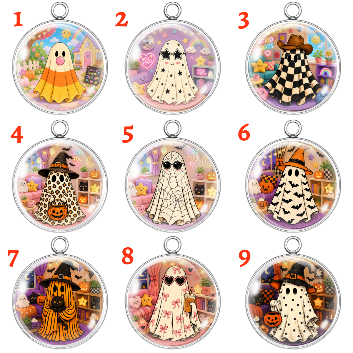 Nine circular pendant designs arranged in a 3x3 grid, each labeled with a red number from 1 to 9. The pendants feature cartoon ghost characters in Halloween-themed outfits, including candy corn, checkered patterns, spiderwebs, leopard print, and poncho styles, all set against colorful room backdrops with pumpkins and shelves.