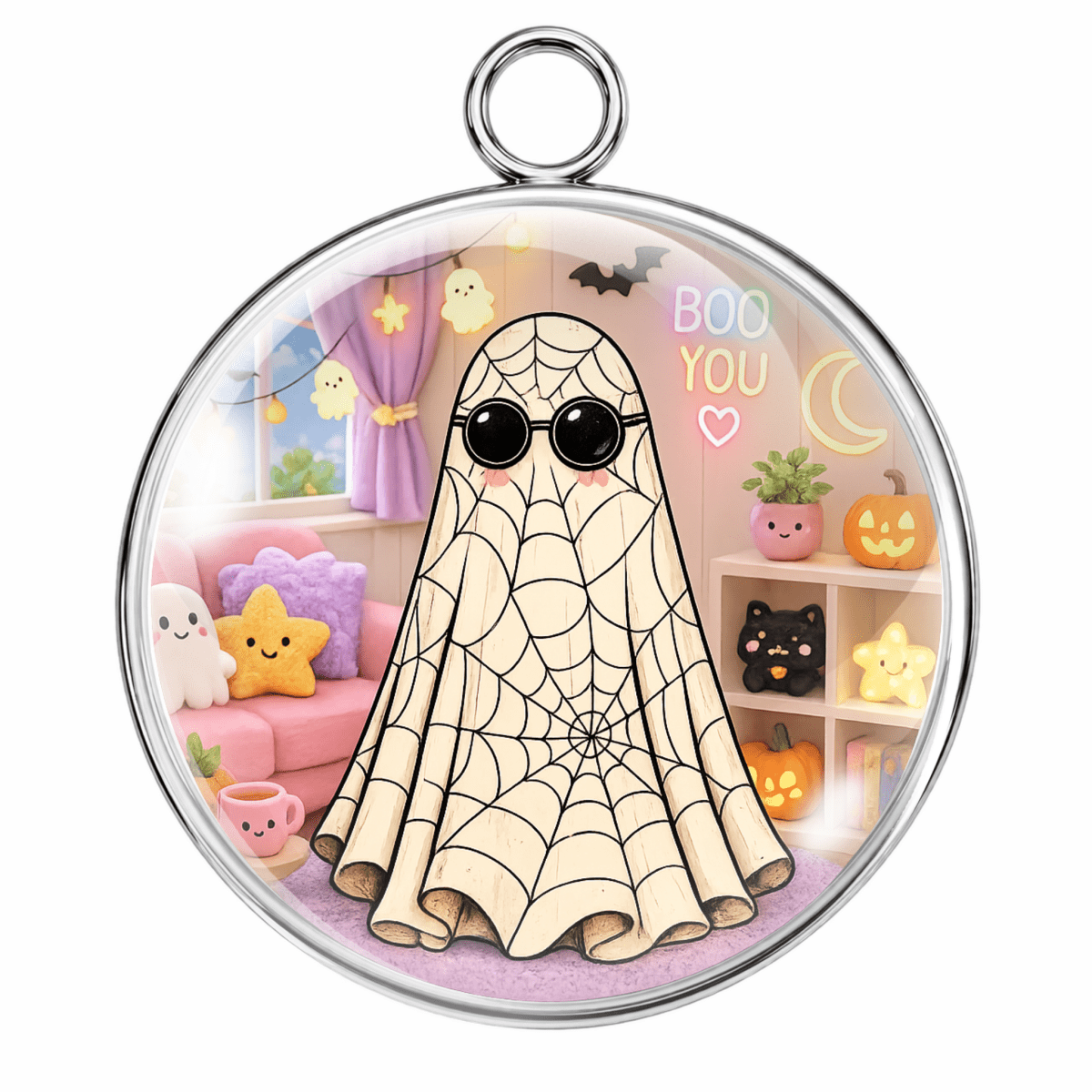 A round silver pendant with a hanging loop, featuring a cute cartoon ghost in a spiderweb costume wearing round black sunglasses, set against a cozy Halloween-themed room background with pumpkins, shelves, and a pink couch.