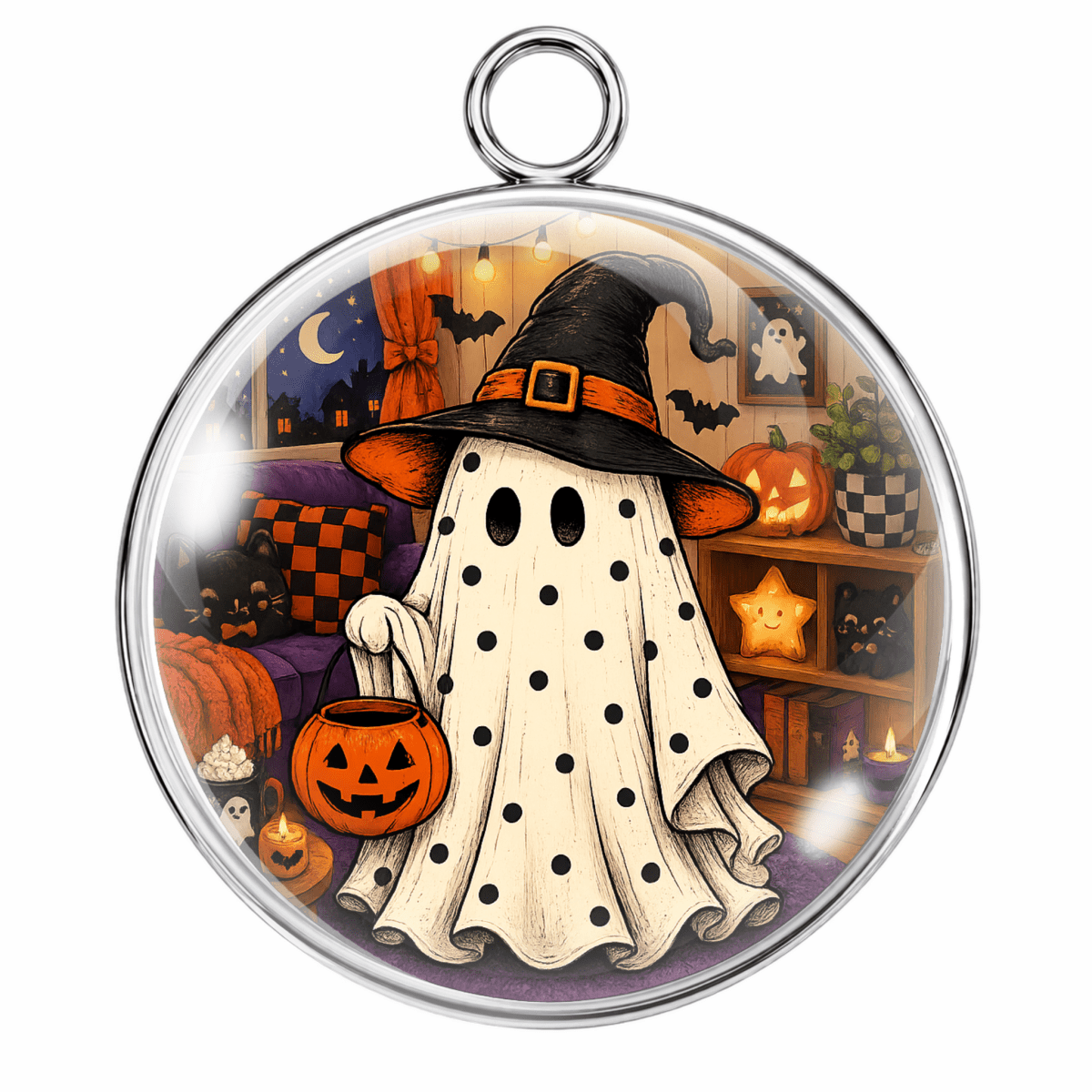 Round silver-toned pendant with a clear domed insert featuring a Halloween illustration of a ghostly figure in a witch hat holding a jack-o'-lantern, shown on a white background.