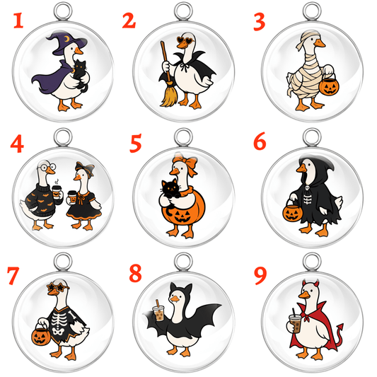 Cute Halloween Goose Glass Cabochon Charms – Witch, Ghost, Mummy, Vampire, Bat & Trick or Treat Images for Jewelry Making