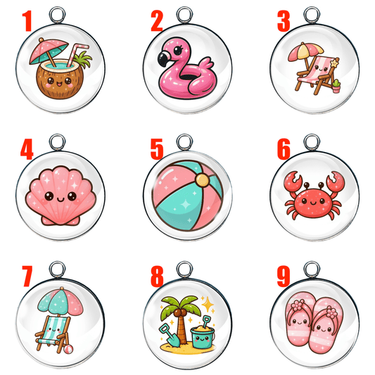 "Set of 9 kawaii beach-themed charms including coconut, flamingo, beach ball, and flip-flops by I Like Worms"