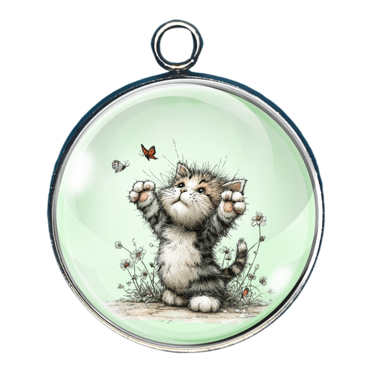 Playful kitten charm showing cat reaching up toward a butterfly.