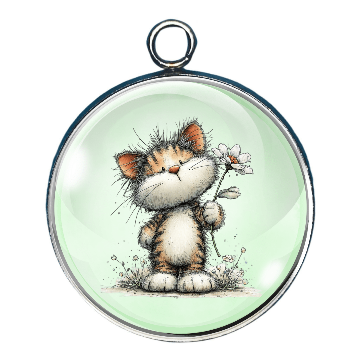 Cute cat charm featuring kitten holding a white flower.