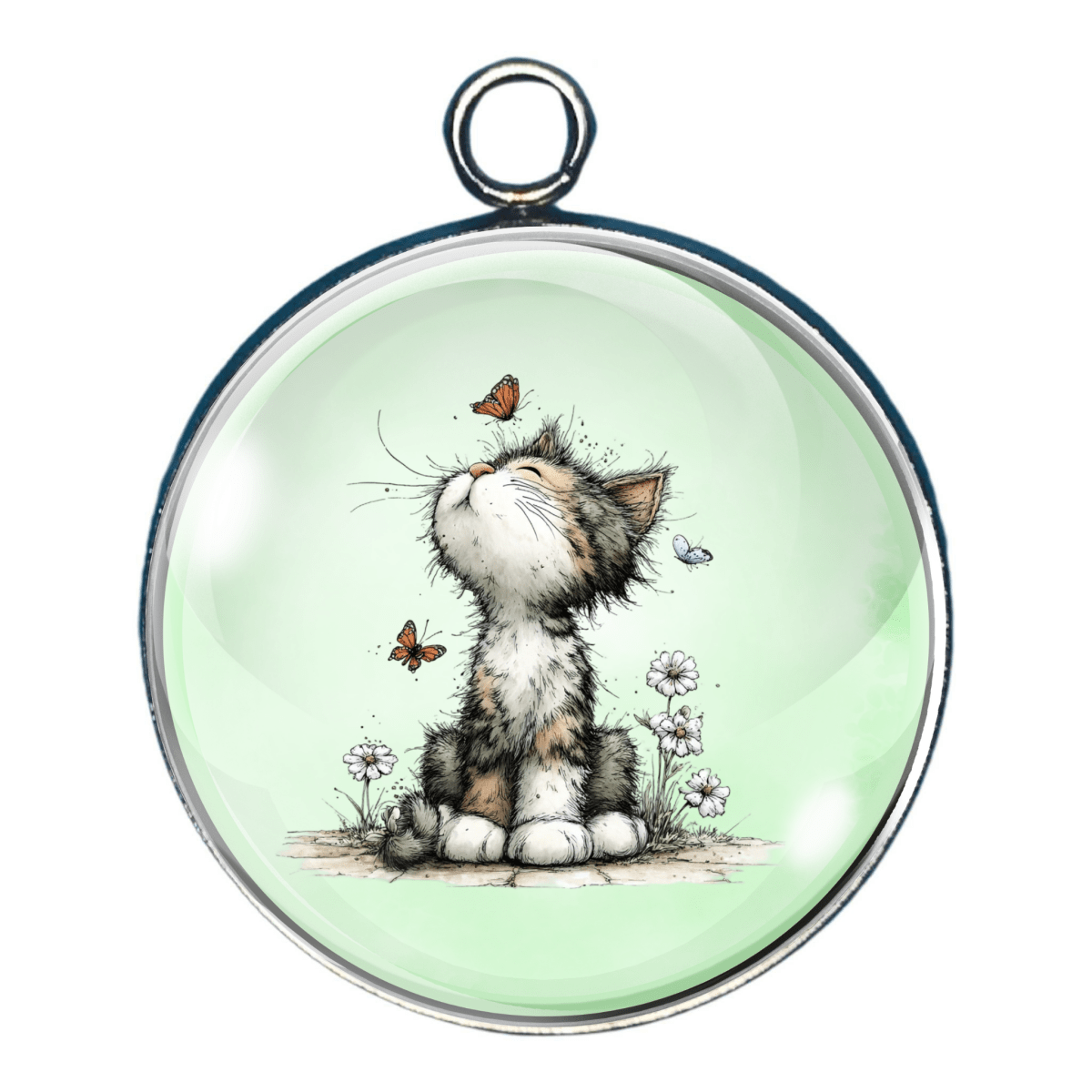 Whimsical kitten charm with curious cat watching butterflies in spring flowers.