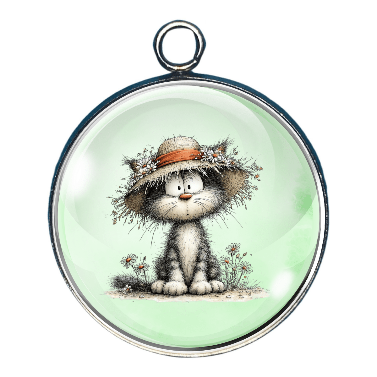 Garden kitten charm featuring cat wearing a straw hat with flowers.