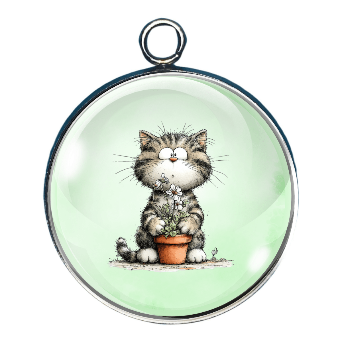 Spring kitten charm featuring fluffy cat holding a small flower pot plant.