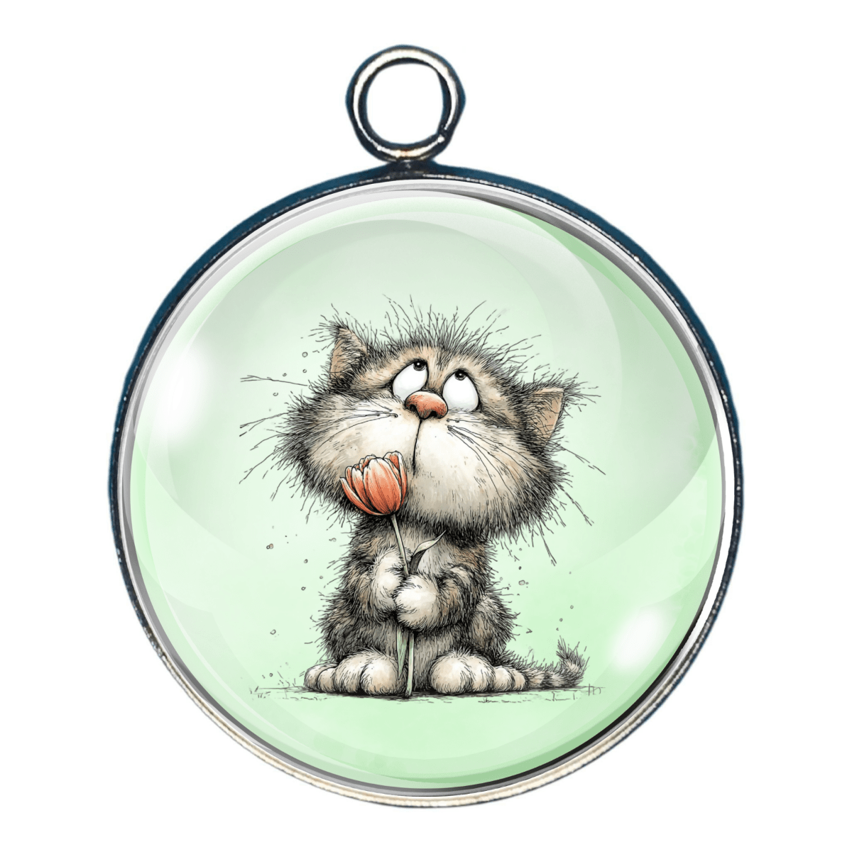 Sweet kitten charm featuring cat holding a tulip type flower.