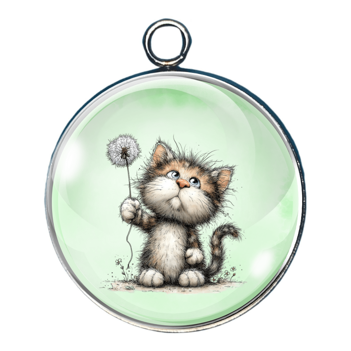Cute kitten charm with playful cat holding a dandelion flower.