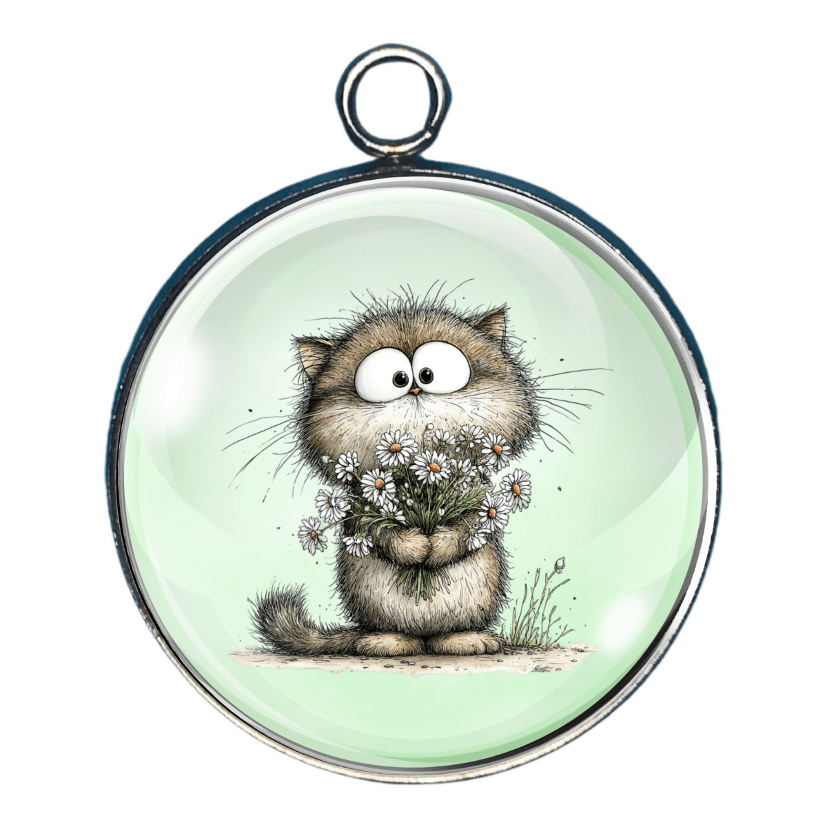 Cute kitten charm with cat holding a bouquet of small flowers.