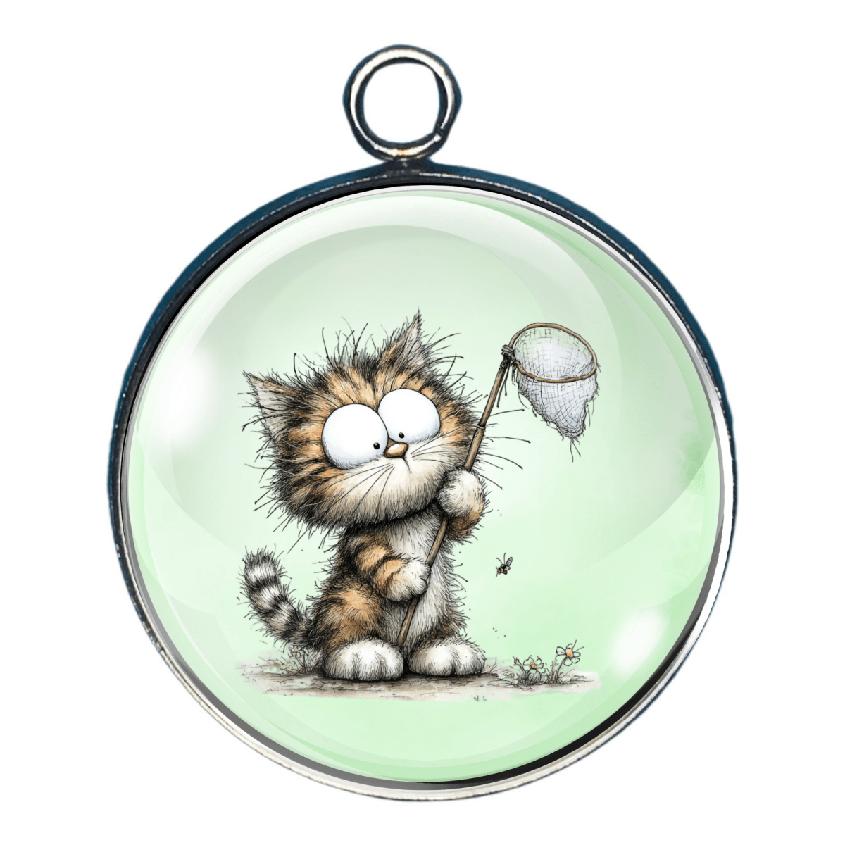 Funny kitten charm with wide-eyed cat holding a butterfly net.