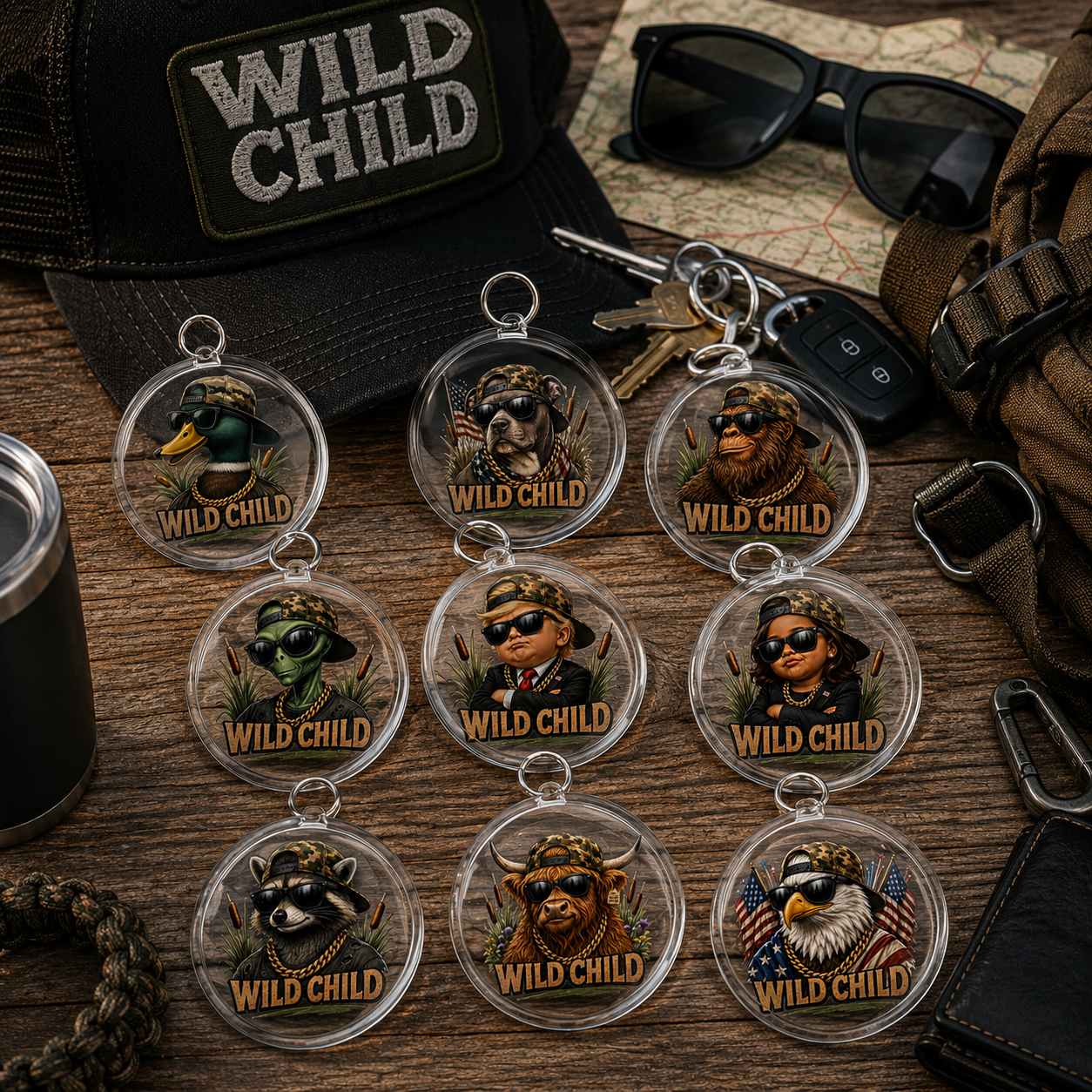 Wild Child Glass Cabochon Charms – Funny Bigfoot, Alien, Eagle, Raccoon, Pit Bull, Highland Cow & Duck Designs