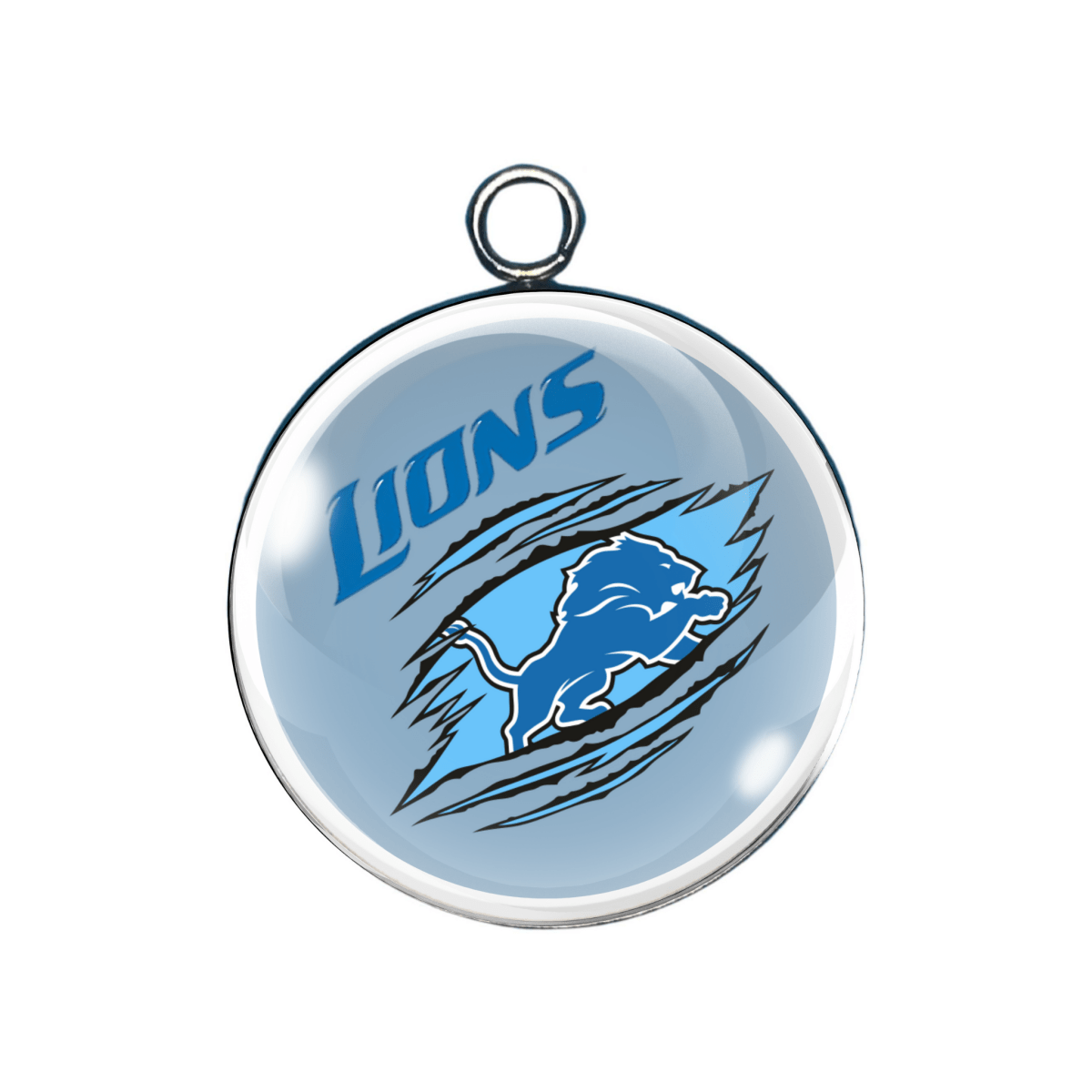 Torn blue background Lions logo charm
